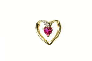 10K Heart Syn. Ruby Diamond Accent Curvy Pendant Yellow Gold