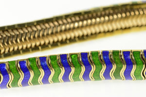 14K 1960's Green Blue Enamel Wavy Chunk Bracelet 7.5" Yellow Gold