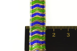 14K 1960's Green Blue Enamel Wavy Chunk Bracelet 7.5" Yellow Gold
