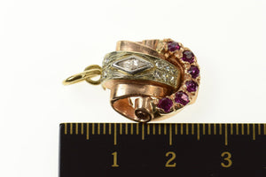 14K Art Deco Diamond Ruby Ornate Scroll Statement Pendant Rose Gold