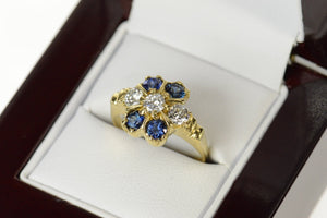 14K 0.97 Ctw 1940's Diamond Sapphire Cocktail Ring Size 6 Yellow Gold