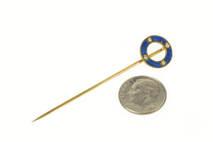 14K Victorian Blue Enamel Seed Pearl Circle Stick Pin Yellow Gold