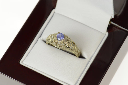 10K Tanzanite Art Deco Ornate Filigree Statement Ring Size 6 White Gold