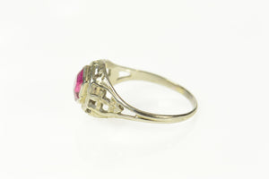 18K Art Deco Syn. Ruby Filigree Statement Ring Size 7 White Gold