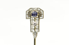 Load image into Gallery viewer, 14K Art Deco Ornate Filigree Diamond Syn. Sapphire Stick Pin White Gold