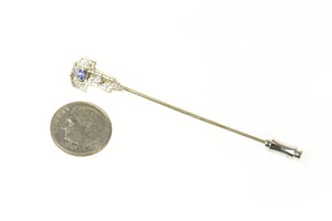 14K Art Deco Ornate Filigree Diamond Syn. Sapphire Stick Pin White Gold
