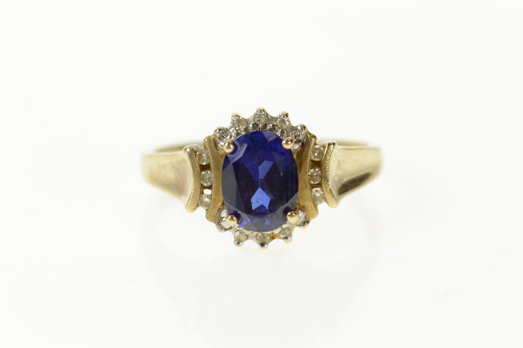 10K Oval Syn. Sapphire Diamond Classic Ring Size 7 Yellow Gold