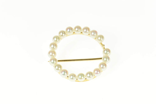 14K Retro Pearl Circle Classic Statement Pin/Brooch Yellow Gold