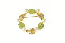 Load image into Gallery viewer, 14K Retro Pearl Jade Carved Leaf Circle Pin/Brooch Yellow Gold