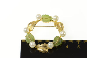 14K Retro Pearl Jade Carved Leaf Circle Pin/Brooch Yellow Gold