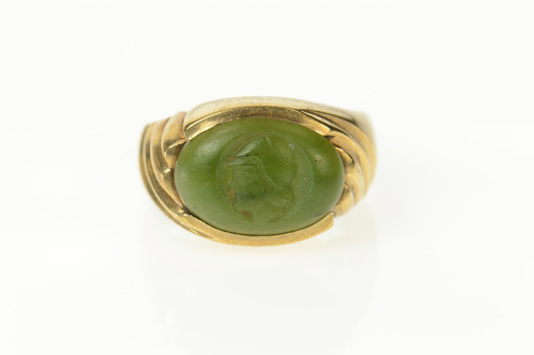 10K Carved Green Agate Cameo Retro Swirl Ring Size 11 Yellow Gold