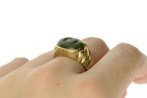 10K Carved Green Agate Cameo Retro Swirl Ring Size 11 Yellow Gold