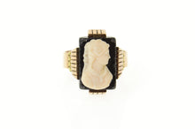 Load image into Gallery viewer, 14K Victorian Ornate Carved Onyx Cameo Statement Ring Size 8.25 Yellow Gold