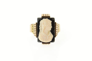 14K Victorian Ornate Carved Onyx Cameo Statement Ring Size 8.25 Yellow Gold