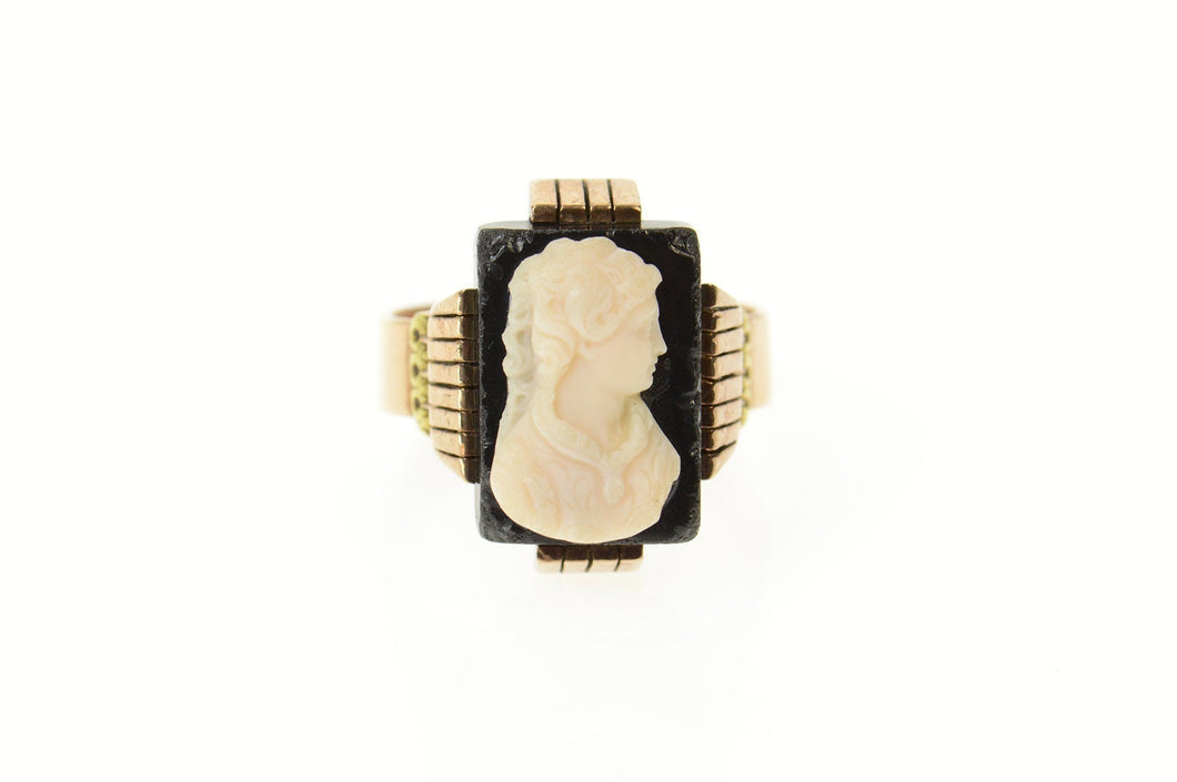 14K Victorian Ornate Carved Onyx Cameo Statement Ring Size 8.25 Yellow Gold