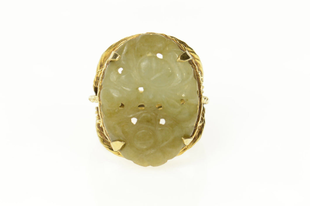 14K Carved Floral Ornate Jade Retro Cocktail Ring Size 7.75 Yellow Gold