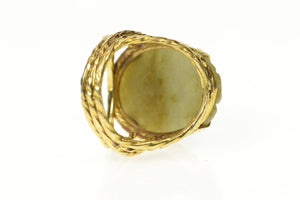 14K Carved Floral Ornate Jade Retro Cocktail Ring Size 7.75 Yellow Gold