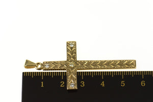 14K Art Deco Etched Diamond Ornate Cross Pendant Yellow Gold