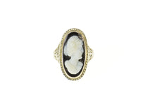 Load image into Gallery viewer, 14K Art Deco Ornate Filigree Carved Onyx Cameo Ring Size 3.5 White Gold