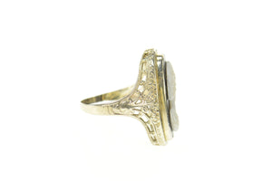 14K Art Deco Ornate Filigree Carved Onyx Cameo Ring Size 3.5 White Gold