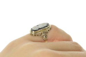 14K Art Deco Ornate Filigree Carved Onyx Cameo Ring Size 3.5 White Gold