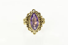 Load image into Gallery viewer, 10K Ornate Elaborate Filigree Marquise Amethyst Ring Size 6 Yellow Gold