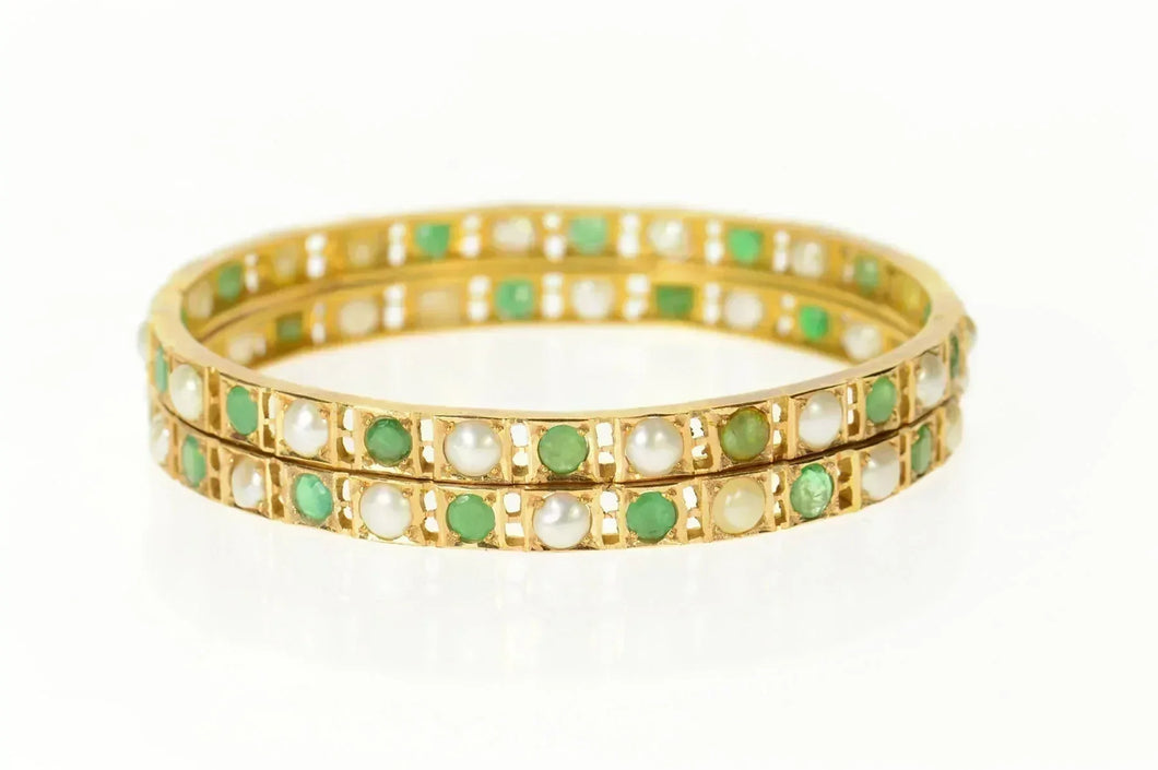 14K Victorian Emerald Classic Statement Bangle Bracelet 7.75
