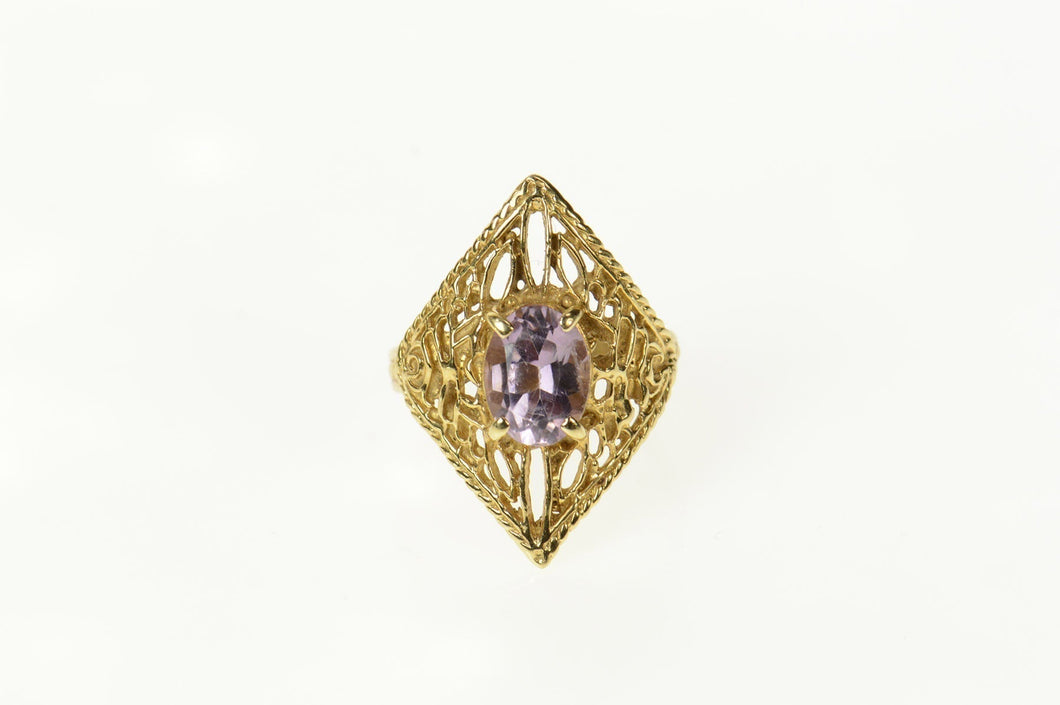 14K Oval Amethyst Ornate Filigree Statement Ring Size 5.5 Yellow Gold