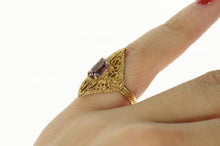 Load image into Gallery viewer, 14K Oval Amethyst Ornate Filigree Statement Ring Size 5.5 Yellow Gold