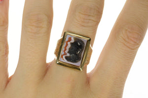 10K Men's Ornate Carved Agate Trojan Cameo Ring Size 7.75 Yellow Gold