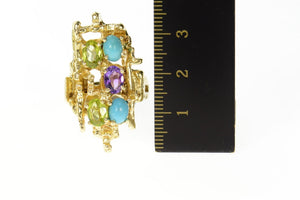 14K Turquoise Peridot Amethyst Abstract Cocktail Ring Size 7 Yellow Gold