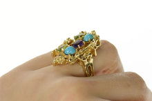 Load image into Gallery viewer, 14K Turquoise Peridot Amethyst Abstract Cocktail Ring Size 7 Yellow Gold