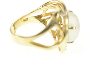 14K Retro Ornate Moonstone Diamond Statement Ring Size 6.25 Yellow Gold