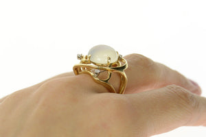14K Retro Ornate Moonstone Diamond Statement Ring Size 6.25 Yellow Gold