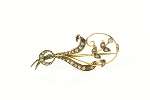 9K Victorian Ornate Seed Pearl Floral Vine Pin/Brooch Yellow Gold