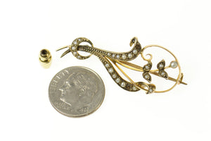 9K Victorian Ornate Seed Pearl Floral Vine Pin/Brooch Yellow Gold