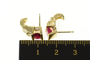 14K Emerald Cut Ruby Diamond Semi Hoop Stud Earrings Yellow Gold