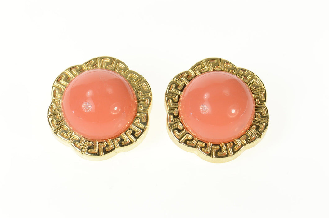 14K Retro Puffy Syn. Coral Flower Scalloped Clip Earrings Yellow Gold
