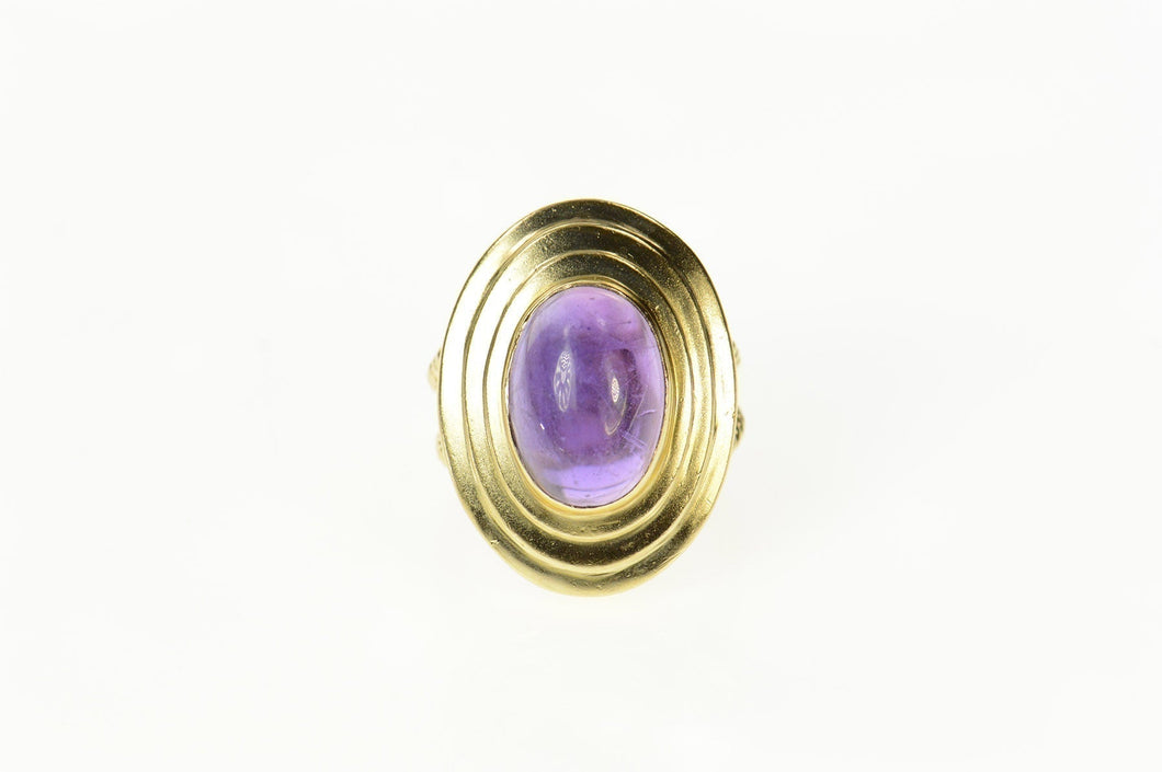 14K Ornate Amethyst Cabochon Retro Cocktail Ring Size 5.25 Yellow Gold