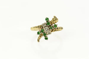 14K Retro Emerald Diamond Cluster Bypass Ring Size 6.5 Yellow Gold