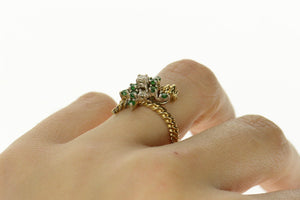 14K Retro Emerald Diamond Cluster Bypass Ring Size 6.5 Yellow Gold