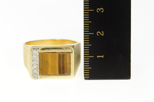 14K Men's Squared Tiger's Eye Diamond Statement Ring Size 14 Yellow Gold