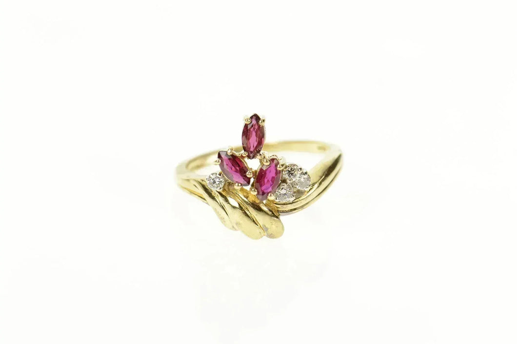 14K Marquise Ruby Diamond Cluster Ornate Ring Size 6.5 Yellow Gold