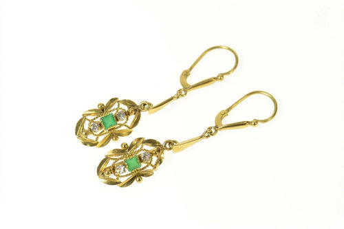 14K Victorian Diamond Emerald Orante Dangle Earrings Yellow Gold