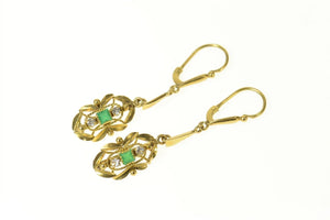 14K Victorian Diamond Emerald Orante Dangle Earrings Yellow Gold