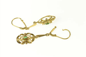 14K Victorian Diamond Emerald Orante Dangle Earrings Yellow Gold