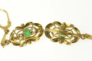 14K Victorian Diamond Emerald Orante Dangle Earrings Yellow Gold