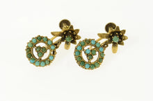 Load image into Gallery viewer, 14K Victorian Floral Turquoise Dangle Screw Back Earrings Yellow Gold