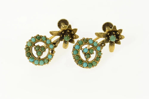 14K Victorian Floral Turquoise Dangle Screw Back Earrings Yellow Gold