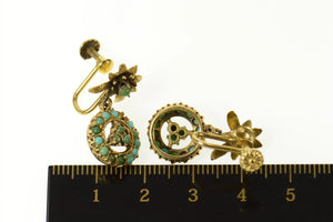 14K Victorian Floral Turquoise Dangle Screw Back Earrings Yellow Gold